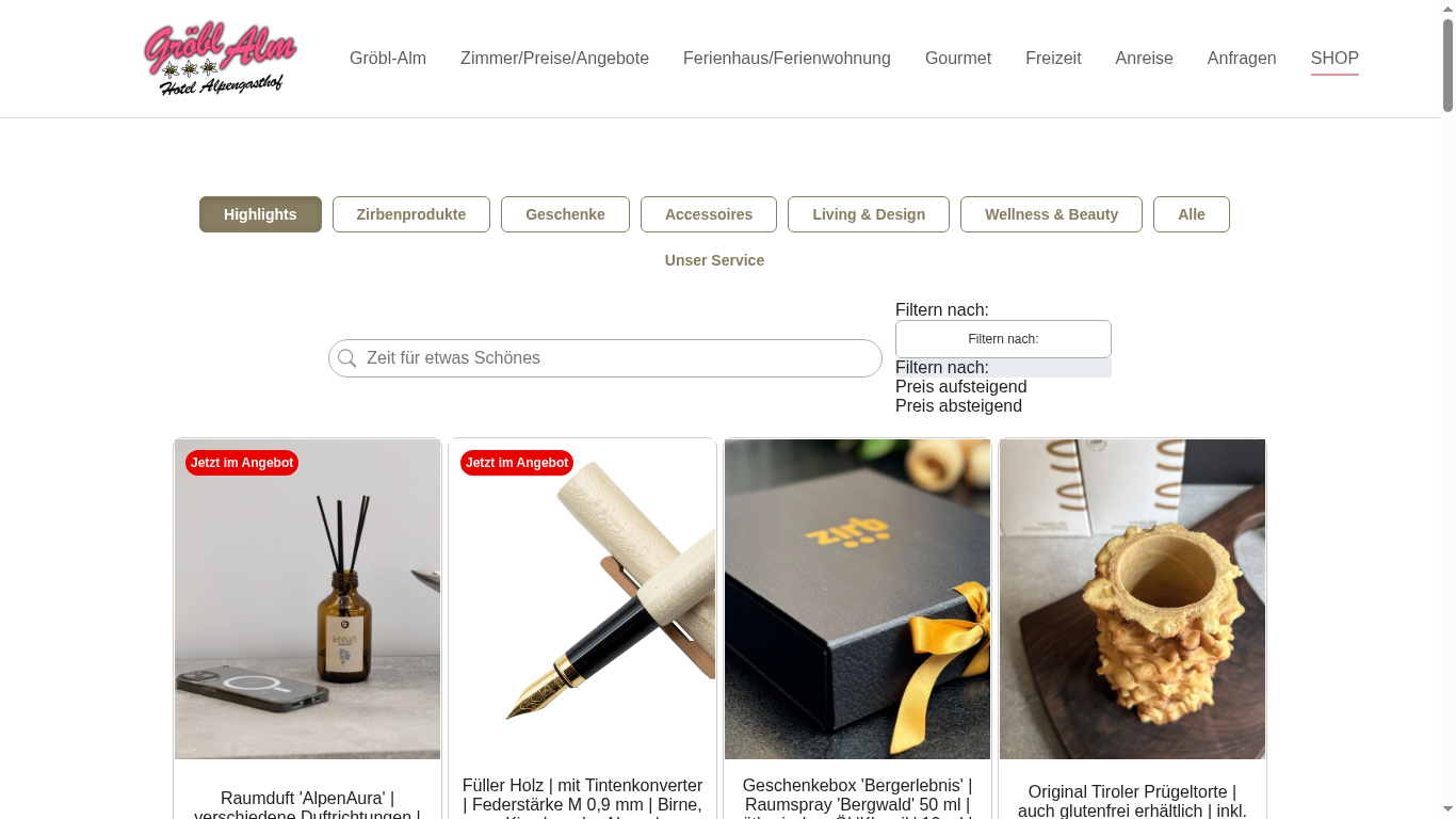 Alpenzon-Shop live auf der Website von Hotel Gröbl-Alm