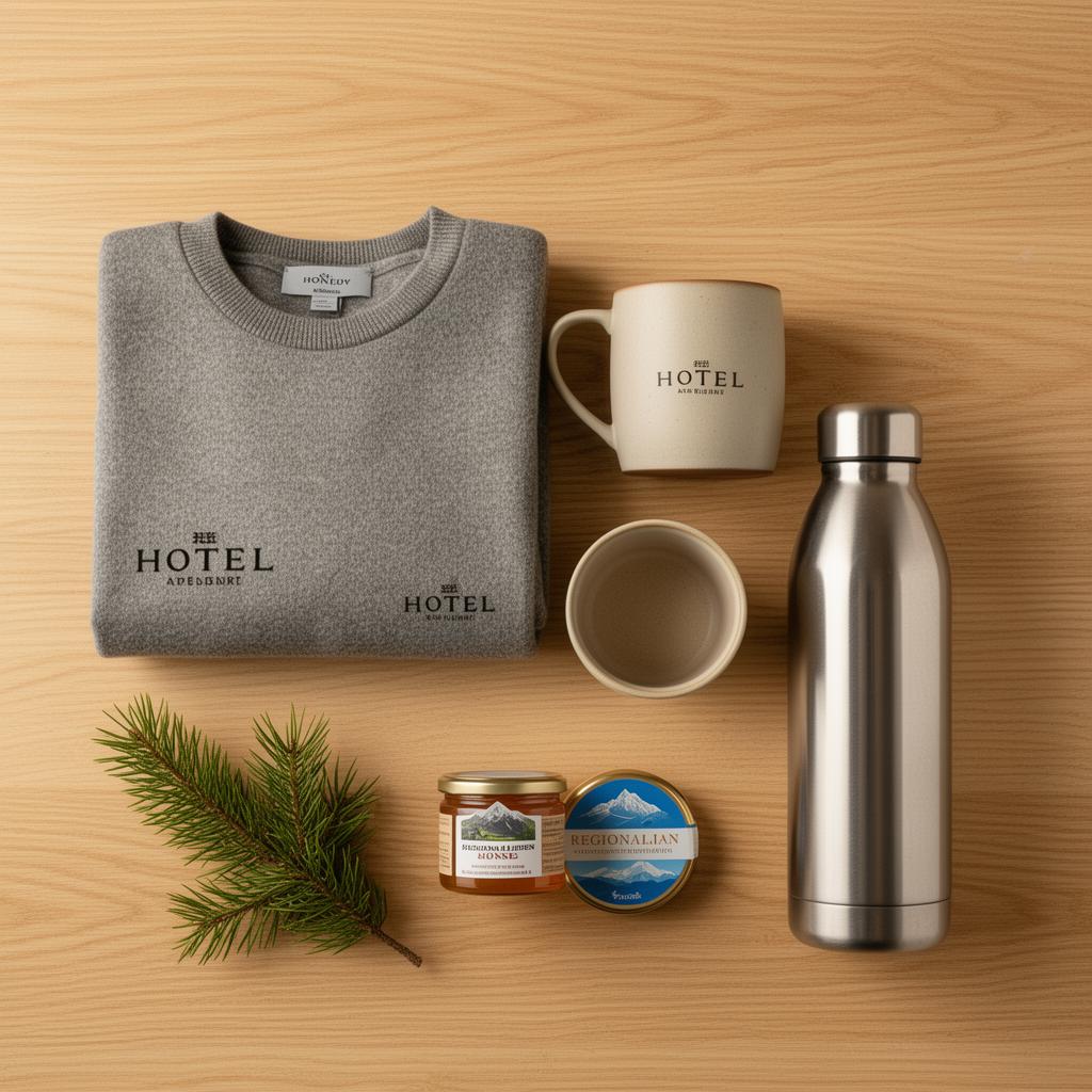 Hotel-Merchandise und regionale Produkte in Lifestyle-Anordnung