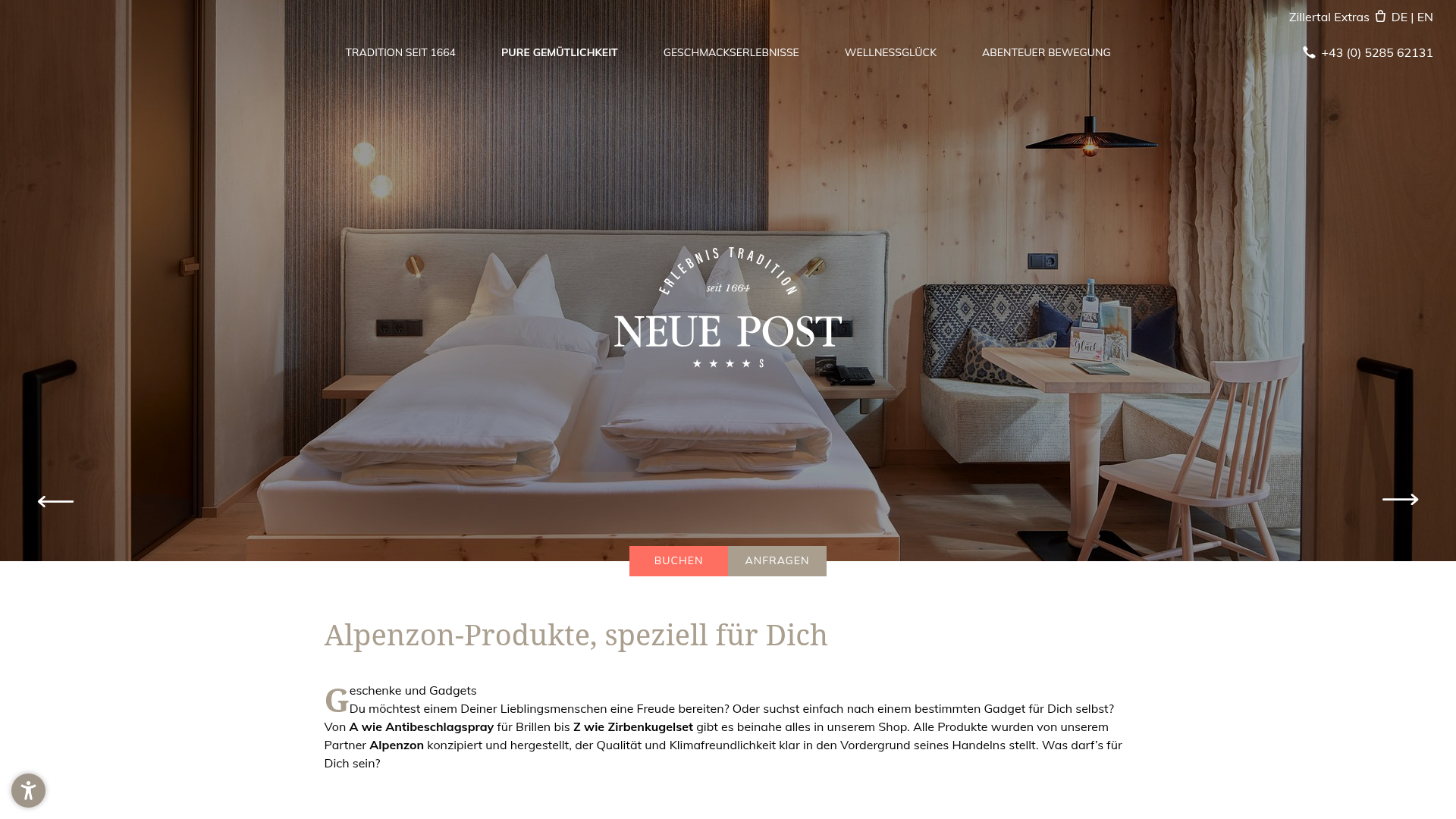 Alpenzon-Shop live auf der Website von Hotel Neue Post
